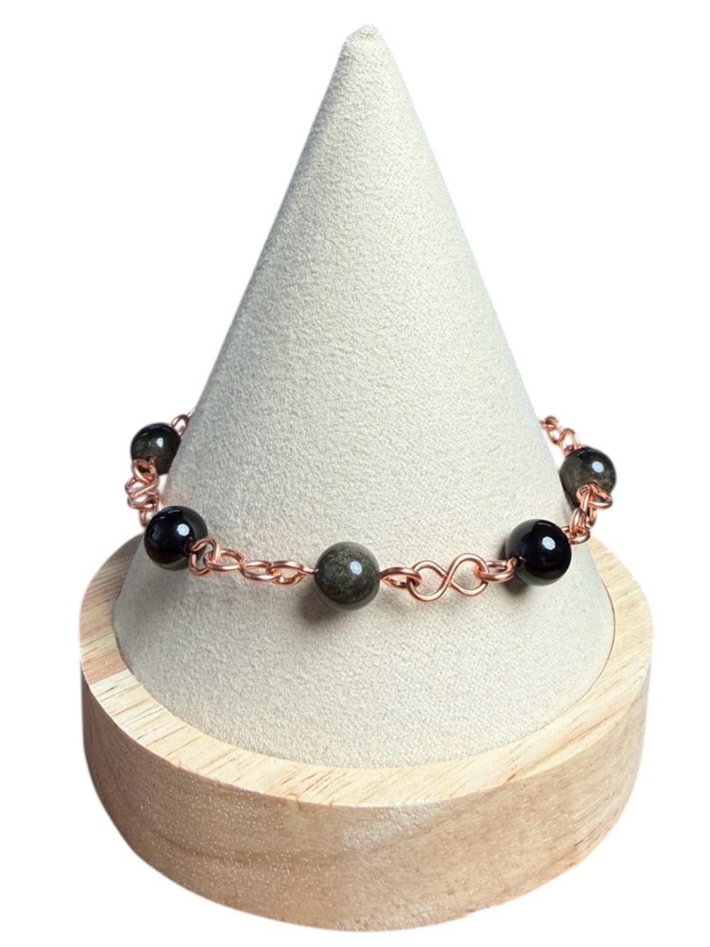Copper Wire Link Figure 8 Bracelet  8mm Black Obsidian Beads Size 7 (8”)